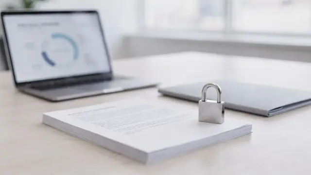 Unterlagen und Laptop zum Thema Geschäftsidee schützen lassen auf einem Schreibtisch