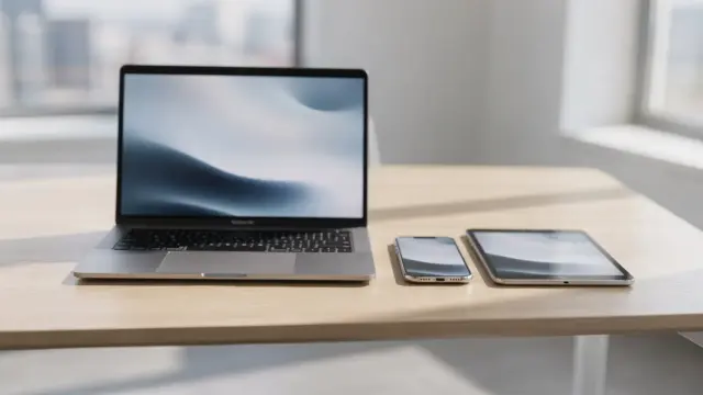 Laptop und Smartphone mit sicherer Business-Messenger-Oberfläche im Büro für das Thema sichere Messaging-Tools für Unternehmen