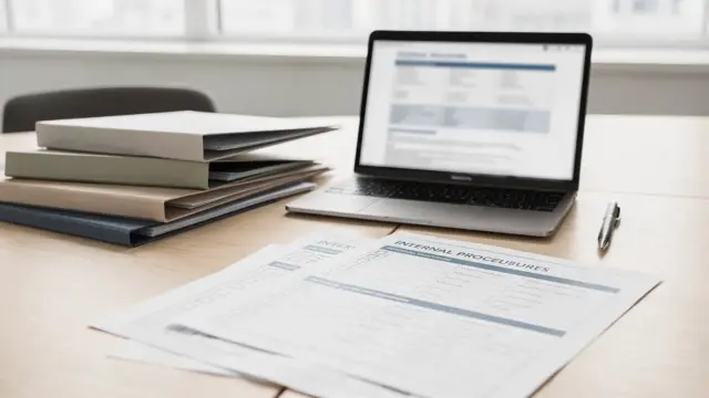 Geordnete Arbeitsunterlagen und Laptop zum Thema Verfahrensanweisungen erstellen in einem Büro