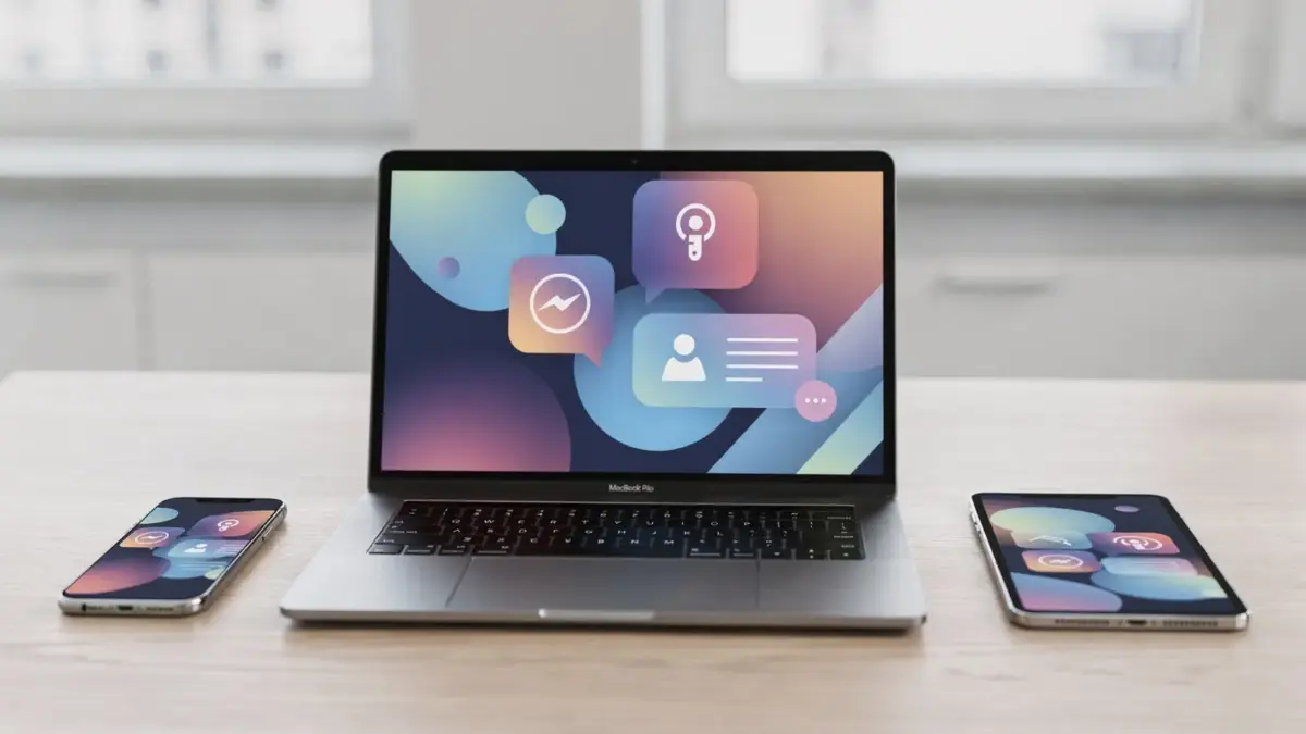 Laptop und Smartphone mit sicherer Business-Messenger-Oberfläche im Büro für das Thema sichere Messaging-Tools für Unternehmen