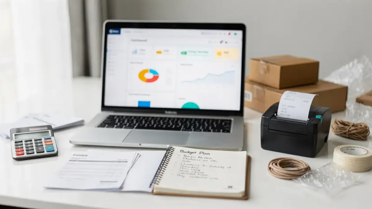 E-Commerce-Arbeitsplatz mit Laptop, Rechner und Unterlagen zu Onlineshop-Kosten
