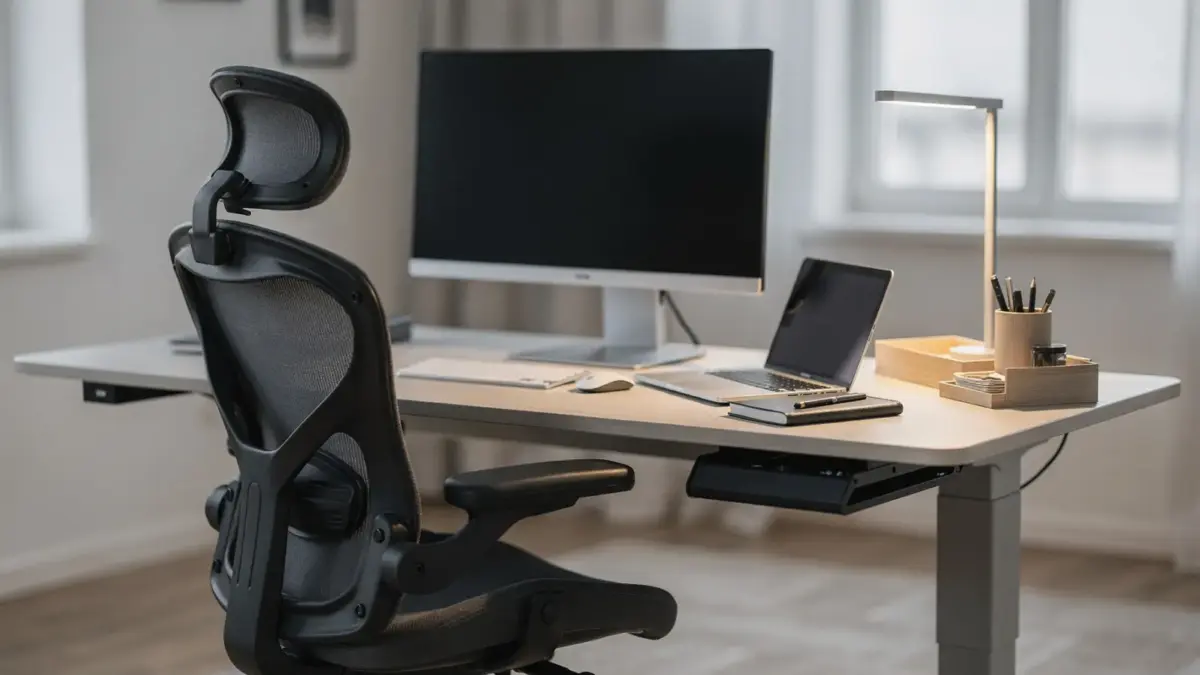 Ordentlicher Homeoffice-Arbeitsplatz mit Schreibtisch, Stuhl und Monitor zu Vorschriften für den Homeoffice-Arbeitsplatz
