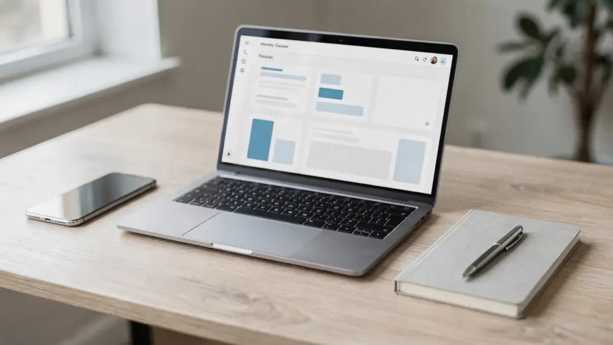 Aufgaben-Tool für Selbstständige: Laptop mit digitaler Aufgabenorganisation auf einem aufgeräumten Schreibtisch