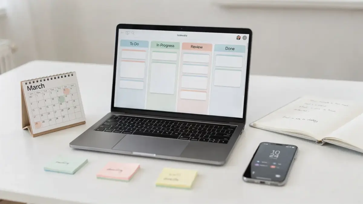 Teamplanung-Tool auf einem Schreibtisch mit Laptop, Kalender und Notizen für die Teamplanung