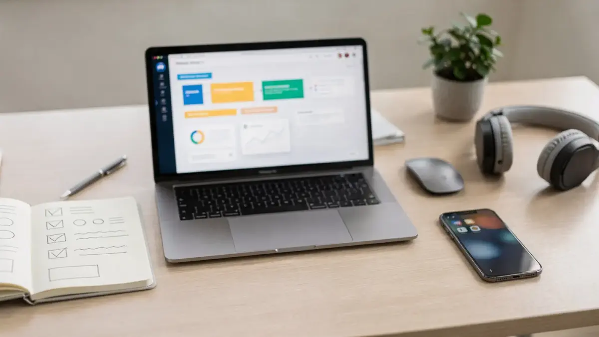 Arbeitsplatz mit Laptop und Notizbuch zur Auswahl eines Workflow-Tools für Unternehmen