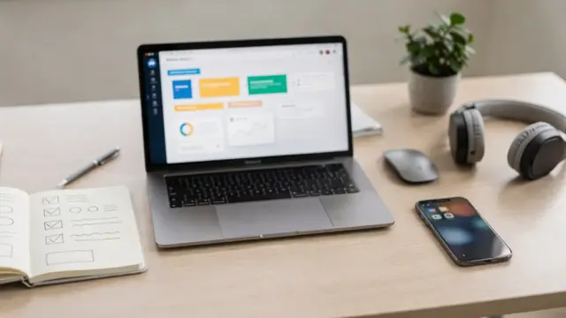 Arbeitsplatz mit Laptop und Notizbuch zur Auswahl eines Workflow-Tools für Unternehmen