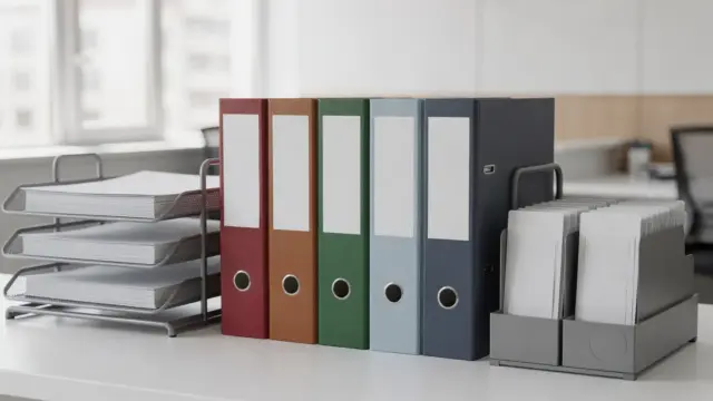 Geordnete Ordnerstruktur im Büro mit Aktenordnern und Ablagesystem auf dem Schreibtisch
