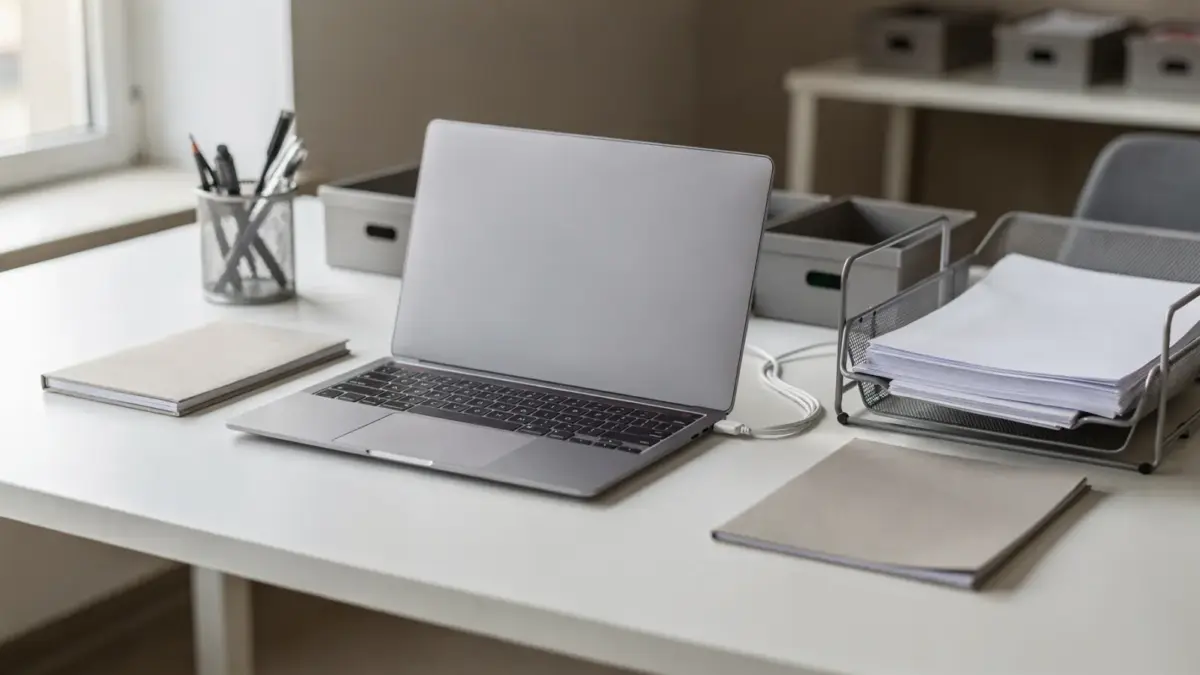 Ordentlicher Schreibtisch mit Laptop, Ablagen und Kabelmanagement zum Thema Schreibtisch organisieren