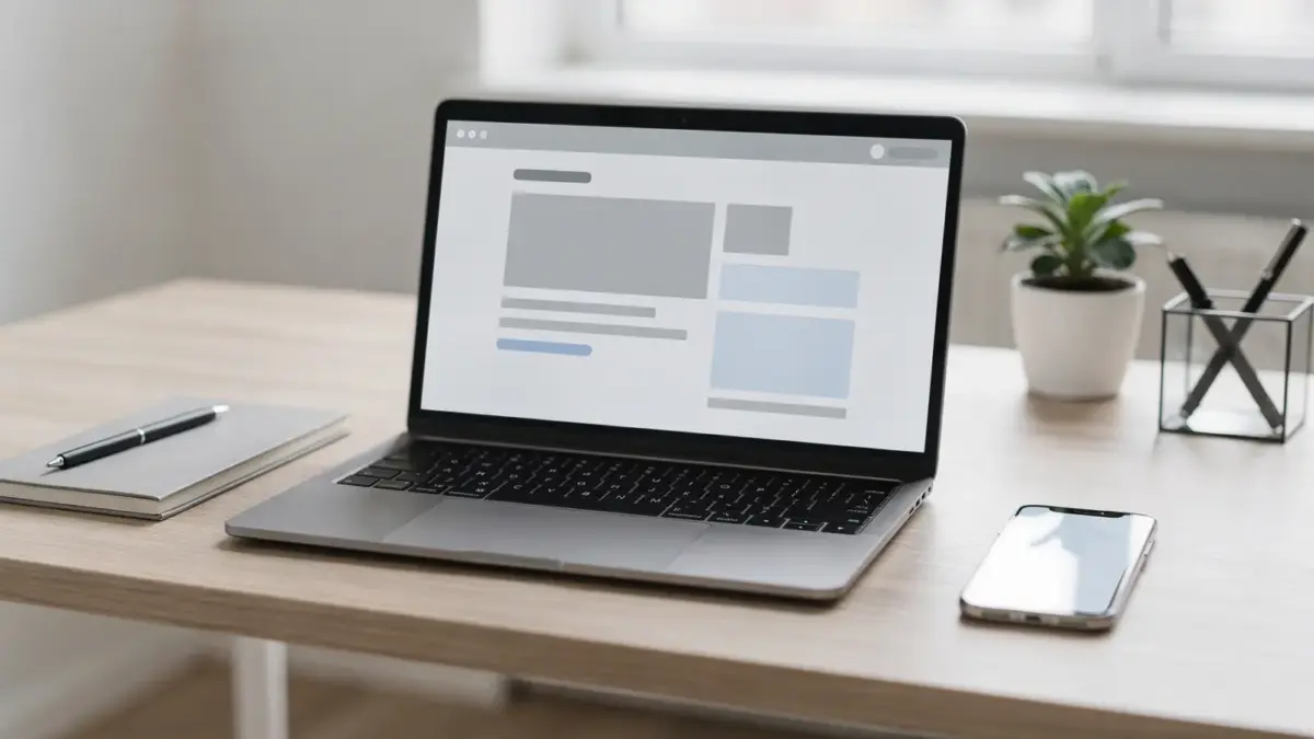 Gründer arbeitet am Laptop mit Homepage-Baukasten im modernen Büro.