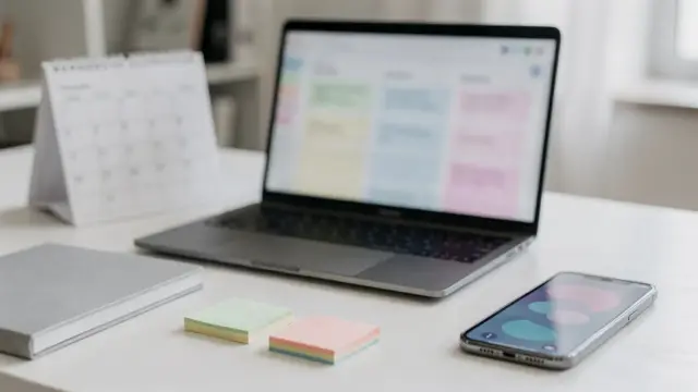 Teamplanung-Tool auf einem Schreibtisch mit Laptop, Kalender und Notizen für die Teamplanung