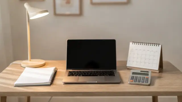 Büroarbeitsplatz für Selbstständige mit Laptop, Kalender, Ordner und Rechner in heller Umgebung