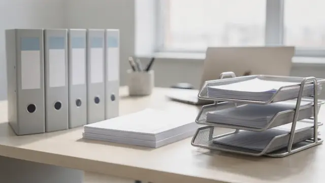 Ordentliches Ablagesystem mit Ordnern, Ablagen und Unterlagen für Belege, Verträge und Projektunterlagen