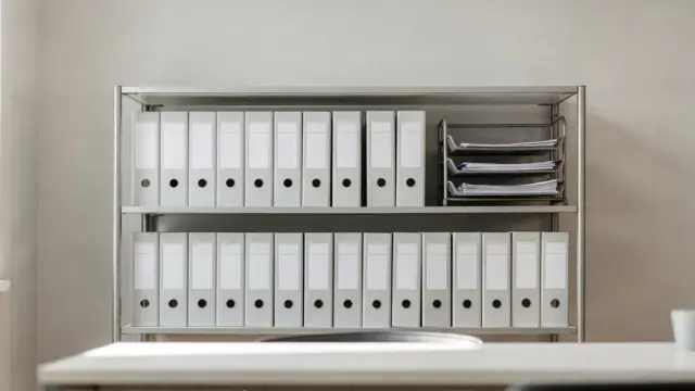 Geordnete Ordnerstruktur im Büro mit beschrifteten Ordnern und Ablagen für übersichtliche Ablage