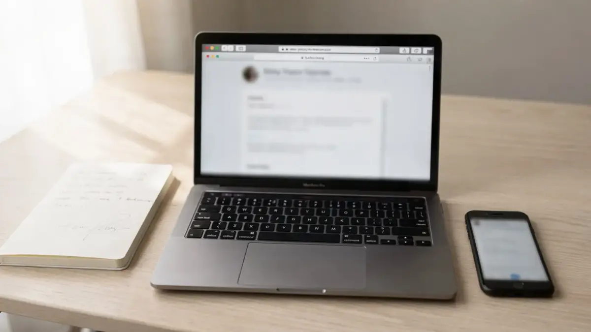 Laptop, Notizbuch und Smartphone zum Thema Domain finden und Internetadresse wählen