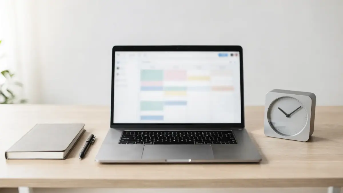 Zeiterfassungstool in einem modernen Büro mit Laptop, Timer und Notizbuch