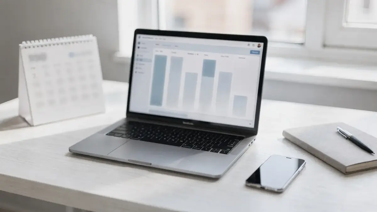 Büro-Desk mit Laptop, Kalender und Smartphone zum Thema Zeiterfassungstool