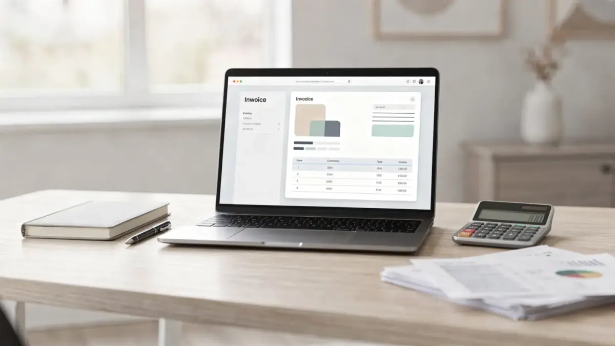 Rechnungssoftware auf einem Laptop im Homeoffice neben Unterlagen und Rechner