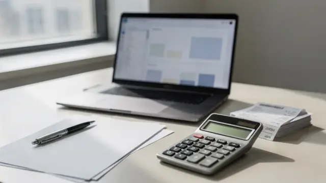 Buchhaltungstool für Kleinunternehmer auf Laptop mit Belegen, Taschenrechner und Rechnungen