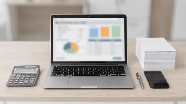 Umsatzsteuervoranmeldung-Software auf dem Schreibtisch mit Laptop, Dokumenten und Taschenrechner