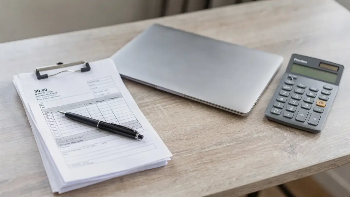 Homeoffice mit Laptop, Taschenrechner und geordneten Steuerunterlagen zum Thema nebenberuflich selbstständig steuern