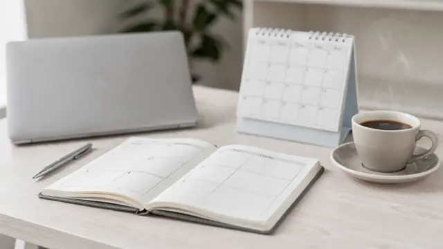 Ordentlicher Schreibtisch mit Notizbuch und Kalender zur Tagesplanung im Büroalltag