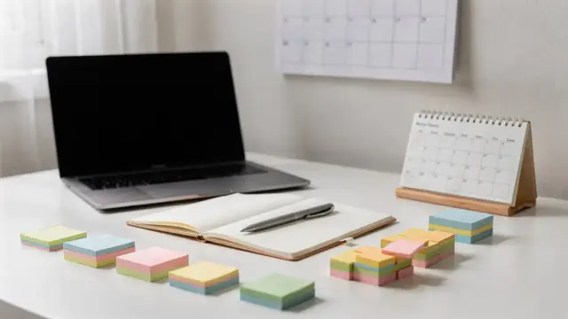 Priorisierte Aufgaben auf einem Schreibtisch mit Kalender, Notizbuch und Laptop zum Thema Aufgaben priorisieren