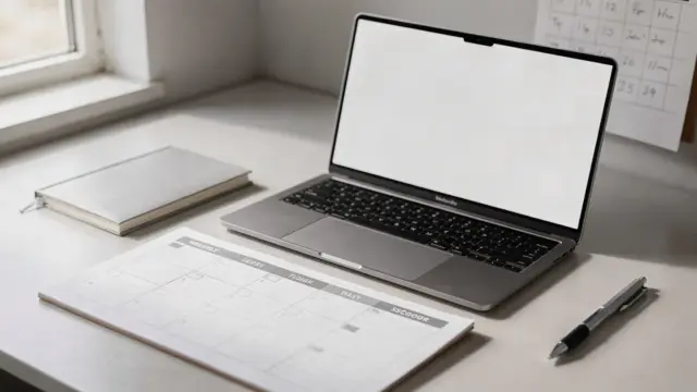 Geordneter Schreibtisch mit Wochenplaner und Laptop zum Thema Zeitblockung für Selbstständige