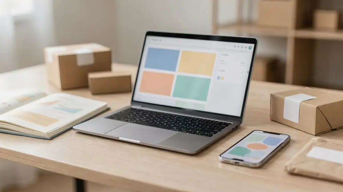 Arbeitsplatz mit Laptop und Verpackungsmaterial zum Thema Shop-Systeme für Gründer und Onlineshops