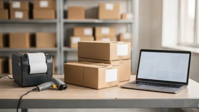 Ordentliches Versand-Workspace im Onlineshop mit Paketen, Etikettendrucker und Scanner zum Thema Onlineshop-Versand