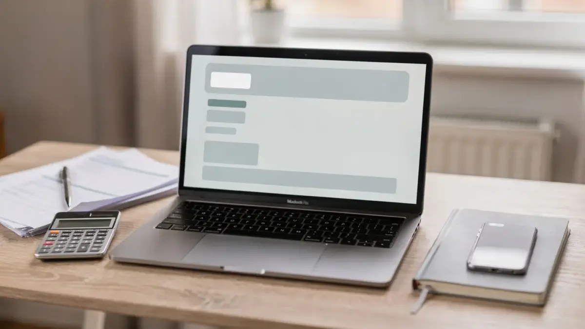 Home-Office mit Laptop, Rechner und Unterlagen zur Rechnungssoftware für Selbstständige