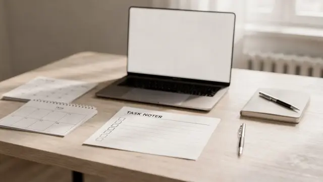 Priorisierte Aufgaben auf einem Schreibtisch mit Kalender, Notizbuch und Laptop zum Thema Aufgaben priorisieren