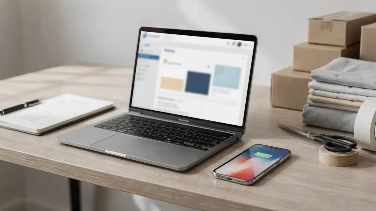 Arbeitsplatz mit Laptop und Verpackungsmaterial zum Thema Shop-Systeme für Gründer und Onlineshops