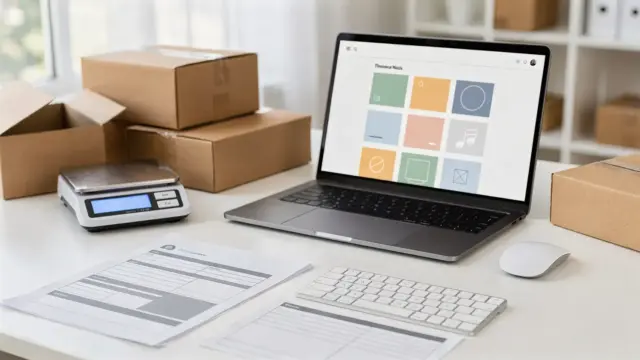 Moderner Arbeitsplatz mit Laptop, Versandkartons und Unterlagen zum Thema Onlineshop-Recht