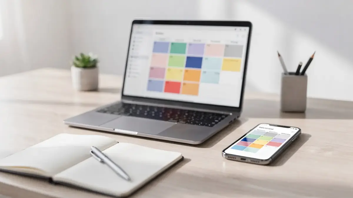 Kalender-Tool für Selbstständige auf Laptop und Smartphone im modernen Büro