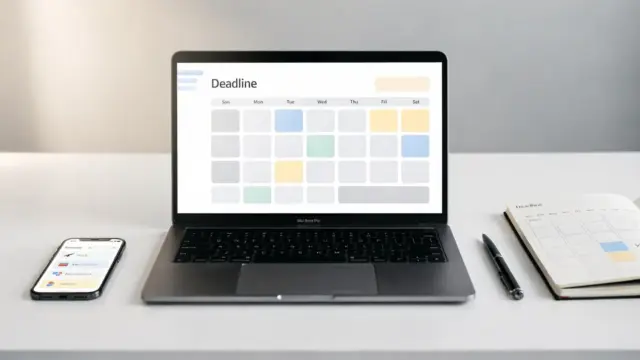 Digitales Fristen-Tool auf dem Schreibtisch mit Kalender, Notebook, Smartphone und Laptop