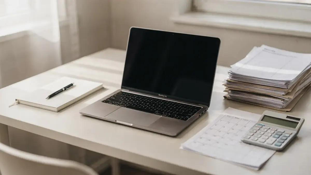 Homeoffice mit Laptop und Unterlagen zum Thema Hauptjob nebenberuflich selbstständig