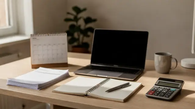 Homeoffice mit Laptop und Unterlagen zum Thema hauptberufliche Selbstständigkeit