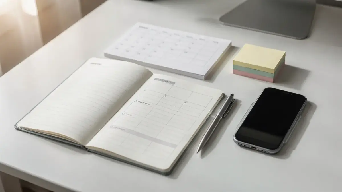 Geordnete Bürofläche mit Kalender, Notizbuch und Smartphone zur zentralen Verwaltung von Terminen, Aufgaben und Kontakten.