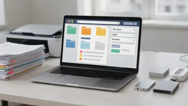 Dokumentenverwaltungssoftware auf einem Schreibtisch mit Laptop, Ordnern, Scanner und externen Speichermedien