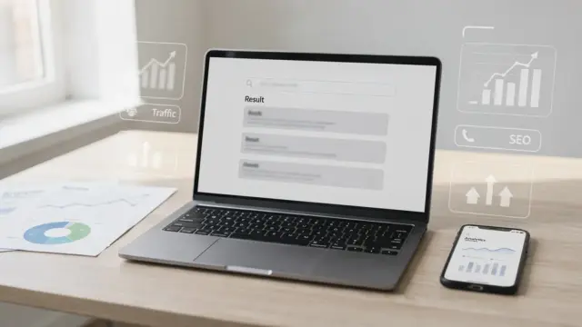 Website sichtbar machen: Laptop mit Suchergebnisseite und Analyse-Dashboard zur Google-Sichtbarkeit