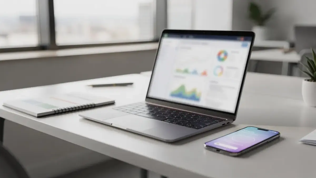 SEO-Grundlagen für Gründer: Laptop mit Analysedashboard und Keyword-Notizen auf einem Schreibtisch