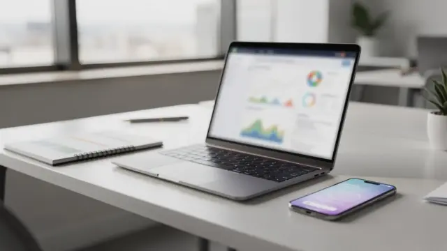 SEO-Grundlagen für Gründer: Laptop mit Analysedashboard und Keyword-Notizen auf einem Schreibtisch
