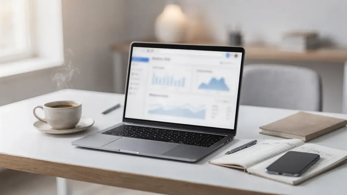 Laptop und Notizblock zur Keyword-Recherche für Websites auf einem hellen Schreibtisch