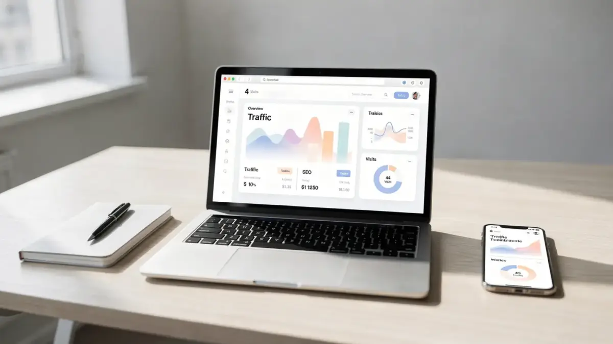 SEO-Workspace mit Laptop und Notizbuch zum Thema Meta Description und Title