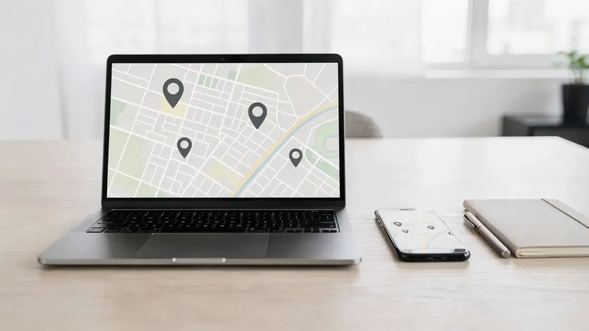 Lokale SEO mit Laptop, Karte und Smartphone für regionale Sichtbarkeit einer Website