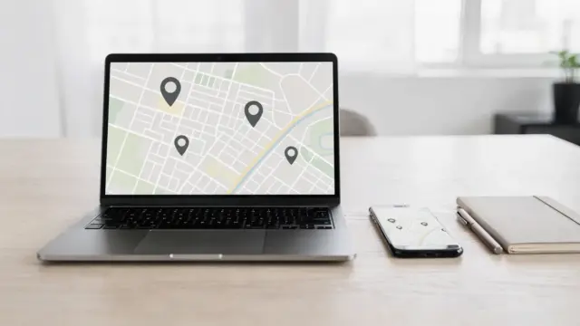 Lokale SEO mit Laptop, Karte und Smartphone für regionale Sichtbarkeit einer Website