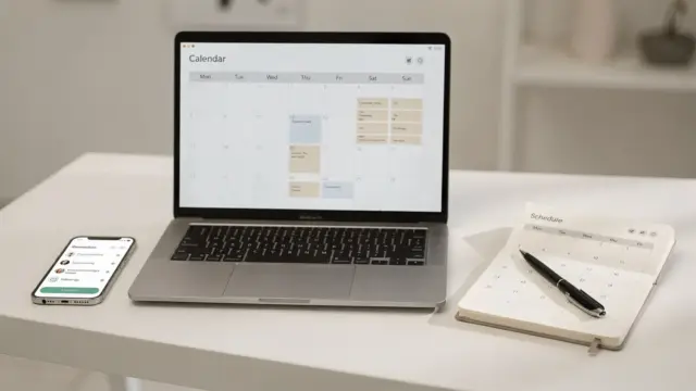 Digitales Fristen-Tool auf dem Schreibtisch mit Kalender, Notebook, Smartphone und Laptop