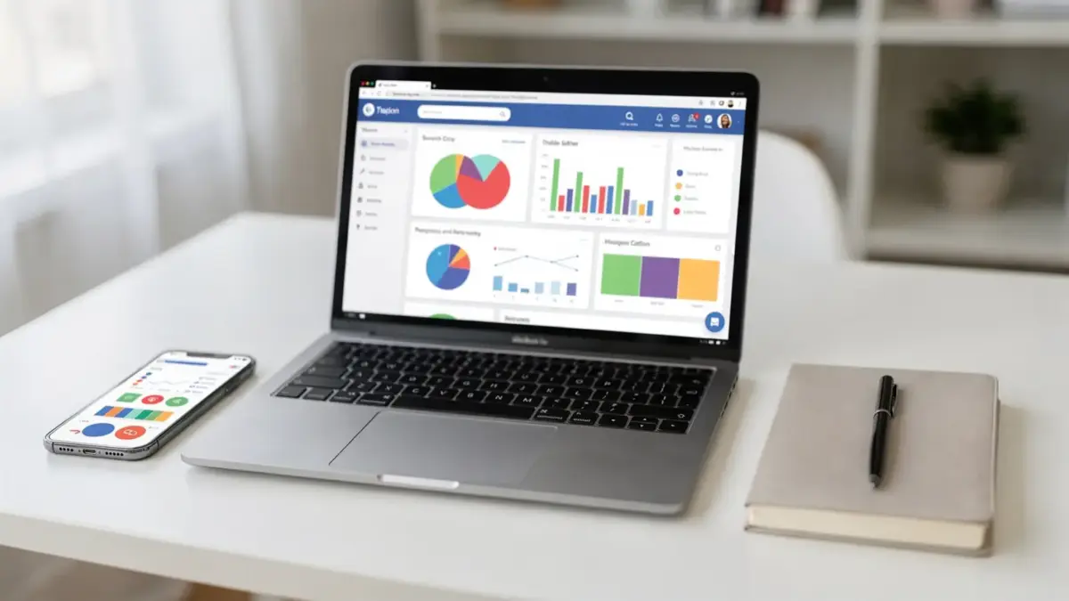 Keyword-Recherche am Schreibtisch mit Laptop, Notizbuch und Smartphone für passende Suchbegriffe