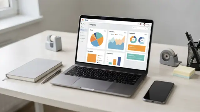 CRM-Tool für Kleinunternehmen auf einem Schreibtisch mit Laptop, Notizbuch und Smartphone