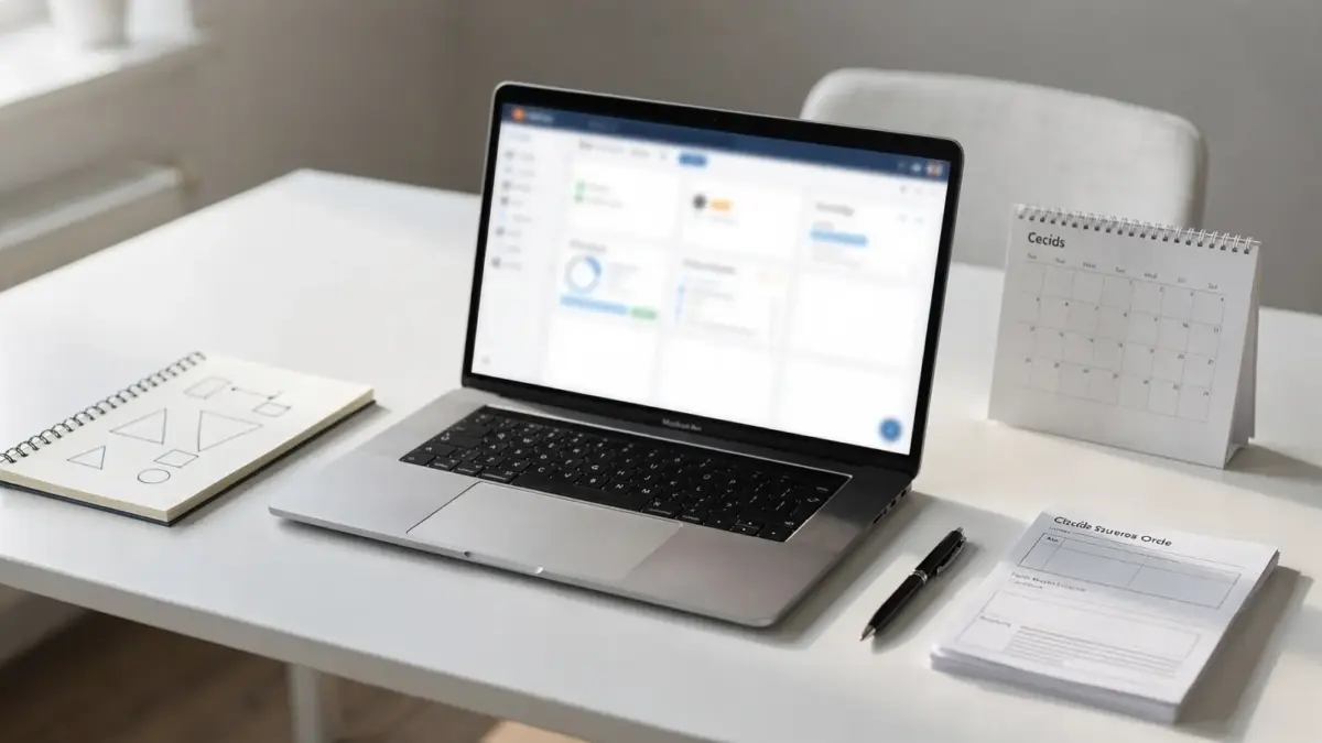 Angebot-Follow-up-Tool auf Schreibtisch mit Laptop, Kalender und Unterlagen zur Organisation von Angeboten